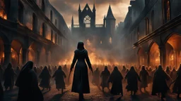 a female warrriion in black cloth and gloves leading an army of rotting zombies through a burning medieval city. the apocalypse. blood. magic in the sky. fantasy setting. intense horror. blind terror. scared to death. a masterpiece, fantasy concept art, dynamic lighting, hyperdetailed, intricately detailed, deep color, Unreal Engine, volumetric lighting, Epic cinematic brilliant stunning intricate meticulously detailed dramatic atmospheric maximalist digital matte painting