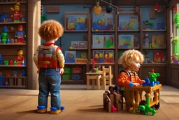 a little boy with curly blond hair is standing with his back to us, looking at toys (stuffed animals, building blocks, trains, legos, rocking horses) in a toy shop window Nikon D850 digital painting fantasy 4k very attractive fantastic view ultra detailed 4K 3D cinematic postprocessing in sunshine