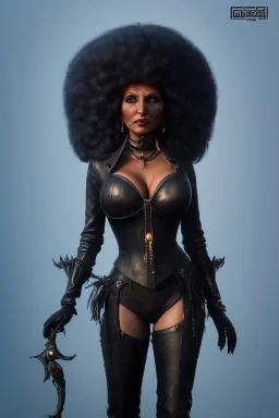 Pam Grier as evil queen in black leather, leather, busty, cleavage, angry, stern look. character design by cory loftis, fenghua zhong, ryohei hase, ismail inceoglu and ruan jia. unreal engine 5, artistic lighting, highly detailed, photorealistic, fantasy