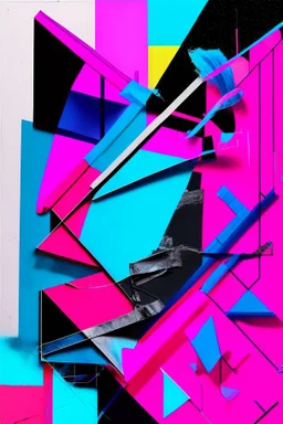 Abstract art collage bright neon pink and blues in style of phil hsle