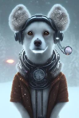 Cyberpunk Portrait of cyborg dog child with brown hair and with cute face, north pole snowy vibe , perfect composition, hyperrealistic, super detailed, 8k, high quality, trending art, trending on artstation, sharp focus, studio photo, intricate details, highly detailed, by greg rutkowski