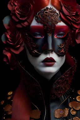 Beautiful faced young ginger girl, adorned with vantablack leather rbedwith lack and ginger colour gradient rose and red ruby mineral stone Golden and copper filigree headress wearing leather metallic filigree ruby stone ribbed half face masque wearing vantablack dark gothica leather jacket dress ribbed with árt Nouveau floral filigree copper flowers organic bio spinal ribbed of dak decadent background extremely detailed hyperrealistic maximálist portrait art