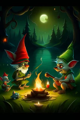 a gnome and a goblin eating in front of a fish fire with figure with fox mask behind, riverbank, night, moonlight,