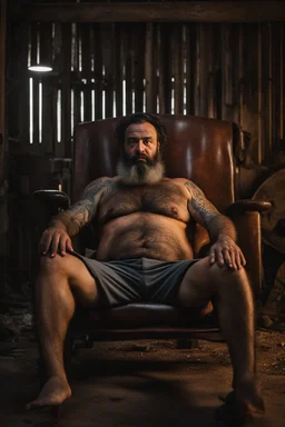 full figure shot photography of a 43-year-old turkish heavyset tattoo very hairy sweaty worker sitting spread-legged in an old armchair inside a construction site shed, dressed in shorts, shirtless, stubble, big manly legs, serious eyes, midnight, dim neon lights illuminating and shine on the beards of sweat that fill his large chest, photorealistic , ambient occlusion