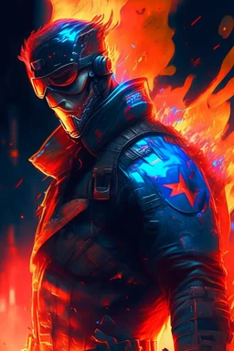 Captain america in blazing flame cyberpunk style