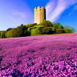 Blue cristal tower in a field of pink flowers with the sun shining blue sky fresh air