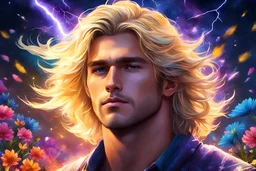 Man. As the night sky casts its dreamy gaze on John, amidst the vibrant flowers of spring, straight hair, his straight blonde locks shimmer like a golden halo.lightning bolts . high purity. very detailed, digital art, beautiful detailed digital art, colorful, high quality, 4k