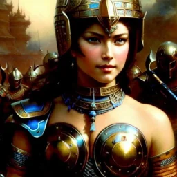 portrait ' beautiful busty Female Warrior',ancient metal armor and Helmet ,painting by gaston bussiere, greg rutkowski, yoji shinkawa, yoshitaka amano, tsutomu nihei, donato giancola, tim hildebrandt, oil on canvas, cinematic composition, extreme detail,fit full head inside picture,16k