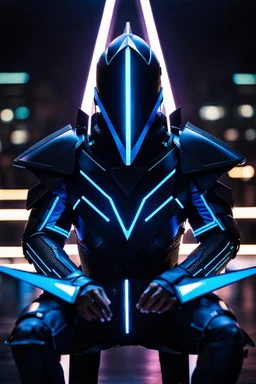 cyberpunk, neon blue, floating triangle of light behind the back, cyber armor, geometric patterns on an armor, male, orbiting triangle