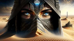 White desert sands with black tower painterly fantasy art matrix style cyborg portrait detailed symmetrical realistic eyes steampunk cyborg cyborg intricate detailed to scale hyperrealistic dark lighting digital concept art