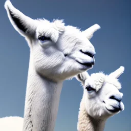 photo, white llama with blue eyes staring at camera, white background, realistic, high detail