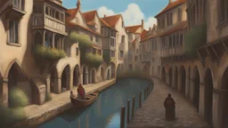 medieval buildings with balconies overhanging a canal, blue sky and people, photorealism, trees, foliage, piers, fantastical, intricate detail, concept art, people ultra sharp image, sharp focus, hyperrealism