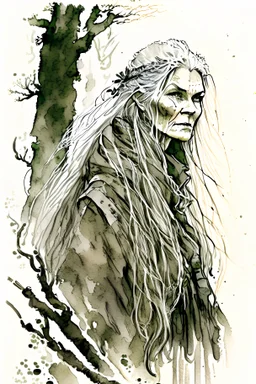ink wash and watercolor illustration of an ancient grizzled, gnarled female vagabond wanderer, long, grey hair streaked with black, highly detailed facial features, sharp cheekbones. Her eyes are black. She wears weathered roughspun Celtic clothes, emaciated and tall, with pale skin, full body , thigh high leather boots within a forest of massive ancient oak trees in the comic book style of Bill Sienkiewicz and Jean Giraud Moebius , realistic dramatic natural lighting, rich earth tones