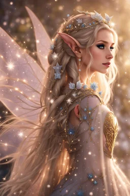 Elven princess,elven crown,long white blonde golden hair,rapunzel hair,ice flowers,beautiful,light blue,dark blue,golden armor,sparkle,glitter,ice flowers,snow,elven ears,dark fairy princess