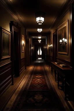 illustrate me dark hallways of an expensive manor at night. Hardwood and rugs as well as some tables lining the walls with hung pictures scattered on the walls.