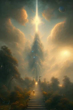 stairway to heaven made of light, sky full of clouds, art by greg rutkowski and peter mohrbacher, featured in artstation, octane render, cinematic, elegant, intricate, ultra detailed, rule of thirds, professional lighting, unreal