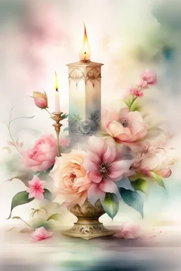 MAGIC A PYRAMID CANDLE IS BURNING AROUND WONDERFUL FLOWERS English watercolor, Smoky cream, pale gray, pale pink, pink background. bright light, a bouquet of roses on the table are pale pink, pale bordeaux, white, ochre. green stems, the light is translucent. Watercolor, fine ink drawing, peonies in an hourglass, elegant gold inlay, rich interior