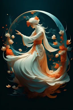 Create illustration of a woman whirling dervish symbolizing peace as if floating with doves