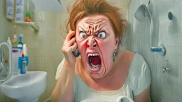 angry lady on the phone in the bathroom near sink