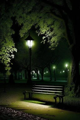 Park at night with lanterns, square bench, and dirt roads, trees, gothic horror films influence, creepy, photography