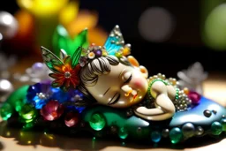 closeup, cute chibi sleeping fairy, Coloured glass flowers set with gemstones, glittering metal stems and gemstone leaves on a room table sharp focus elegant extremely detailed intricate very attractive beautiful dynamic lighting fantastic view crisp quality exquisite detail in the sunshine gems and jewels