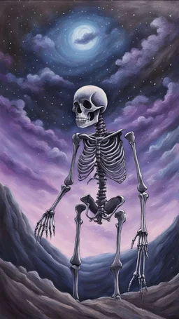 A pastel painting of a skeleton on a hilllookin into the night sky. A nebular in the sky. Painting. Purple colours. Blue colours. Colorful.Pastel colours. Masterpiece.