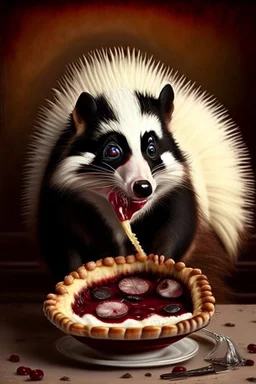Skunk with brown eyes eating a cherry pie