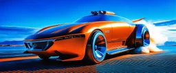 A national geographic award-winning photograph of a military fighter jet station wagon elephant hybrid bilaterally symmetrical designed by skunkworks, only one vehicle per image painted metallic orange traveling at a high rate of speed, jet intake off of the front center of vehicle and jet exhaust out the rear with bright blue flame soviet retrofuturism, cassette tape futurism, sleek but squared, tremendous nuclear powered engine