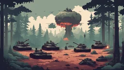 war scene, tanks, soldiers, bombs, and guns, in the middle of forest, grimy, - retro pixel art style,