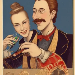 wine label. A woman lady in her 40 and her male colleague with short hair - drinking fresh wine with smiles. Grotesque, funny, cartoon.