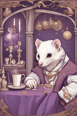 (anthropomorphic white ferret),dressed in cleric white and purple clothes with ornaments, realistic anatomy, fantasy tavern on background, mage and holy symbols around, serious face, hold cup of coffe, tired