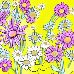 illustration of a bouquet of daisies, digital illustration, adorable, whimsical, pastel colors, plain yellow background