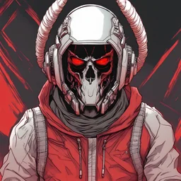 Rough Color Sketch, Goat Iron Skull Helmet, Beard, Silver Ram Horns, Iron Black, Hoodie Jacket, Cyberpunk, Astronaut Silver Suit, Hooded, long shot, Side Profile Angle, Heavyweight, Glowing Eyes, character, red Backgroung