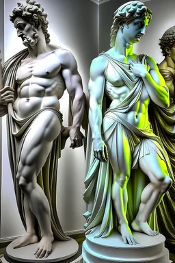 in a modern art display, two famous statues are next to each other, one is David and the other is the Discobulus statue. The discobulus hand covers the private part of David, they both look disgusted at each other