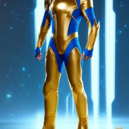 Cosmic super hero, sifi wepon , blue & golden costume,4k image, full body men