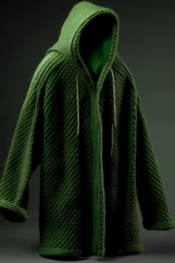 Man's large and green knitted coat opened on front without bottons and a hood