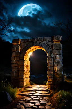 Stone moongate glowing at night under a full moon dark fantasy