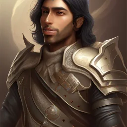 D&D character, male, long black hair, dark tan skin, artificer, holding gun, light armor, silver armor