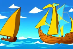 Small wooden ship, drawn in the style of Legend Of Zelda: Wind Waker, on a vast ocean, stylized, colorful, adventurous, no ships nor islands.