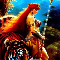 Drawing of beautiful face,'Red Sonja riding a Tiger',intense stare, ancient metal armor, balanciaga fashion clothe painting by gaston bussiere, greg rutkowski, yoji shinkawa, yoshitaka amano, tsutomu nihei, donato giancola, tim hildebrandt Oil on canvas, cinematic composition, extreme detail,fit full head inside picture,16k