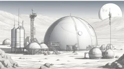 sketch drawing of tranquility base colony on the moon, sci fi futristic dome structure with oxygen tank and farms. moon base.