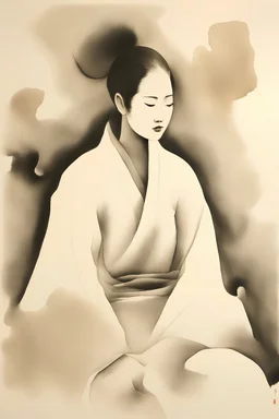 Ink and wash on rice paper, Serene figure in abstraction, An ink and wash masterpiece on rice paper portraying a serene figure in abstract form against a backdrop of Japandi-inspired elements, exemplifying the minimalist beauty in the presence of people. Ink and wash, serene abstraction, minimalist figure.