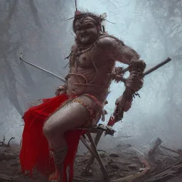 Insanely detailed photograph of an “portrait of a Giant Downsyndrome D&D barbarian wearing a red loincloth sitting in a wheelchair”, smiling clear face and hyperdetailed painting by Ismail Inceoglu Huang Guangjian and Dan Witz CGSociety ZBrush Central fantasy art album cover art,8K, hdr, epic, mysterious, ominous, hands focused on a glowing D20, jewelry, motivated