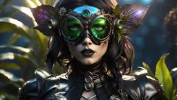 (iridescent:1.5) (diaphanized:1.5) beautiful female (demon scarecrow:1.5) wearing pearlescent black leather clothes and flesh steampunk goggles, sharp focus, ultra detailed, back lit, dynamic lighting, 8k resolution, trending on Artstation, stunning, award winning, lillies and tropical flora, aliens