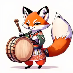 little fox wearing yukata, playing taiko, anime style, good pose, good hands detail, hand position, good tail detail, good feets detail, good feets position, no background colors.