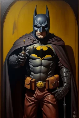 1970's dark fantasy cover dnd style oil painting of the silly drunk batman with sport outfits with minimalist far perspective. Magazine.