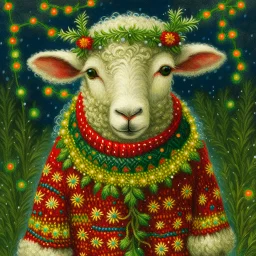 festive Whimiscial sheep in snow, with lights dressed for Christmas in holiday sweater