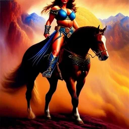 portrait oil on canvas,beautiful busty Female Warrior riding a horse, minimal armor,comic book cover, mystical colors,insanely detailed,realistic,intrincate detail,crystal clear eyes, 16k resolution, masterpiece,Simon Bisley,Frank Frazetta,Alex Horley,ARTHUR ADAMS