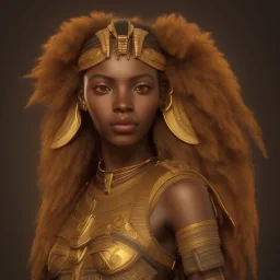 young african woman, short dark hair with golden highlights, ancient ((Egypt)),whole body, ancient armor, lion, golden jewelry, kente, flames as clouds, magnificent, majestic, highly intricate, incredibly detailed, ultra high resolution, complex 3d render,