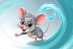 Cute stylized 3D cartoon mouse character being swept into a magical wind vortex, fluffy gray fur, soft detailed fur texture, oversized expressive eyes, rounded ears, tiny pink paw pads, open mouth excited surprised expression, dynamic diagonal motion pose, limbs reaching forward, body tilted in perspective, sense of speed and motion, flowing translucent teal and aqua wind ribbons, spiraling air currents forming a curved arc, soft tornado funnel in the top corner, painterly semi-transparent wind